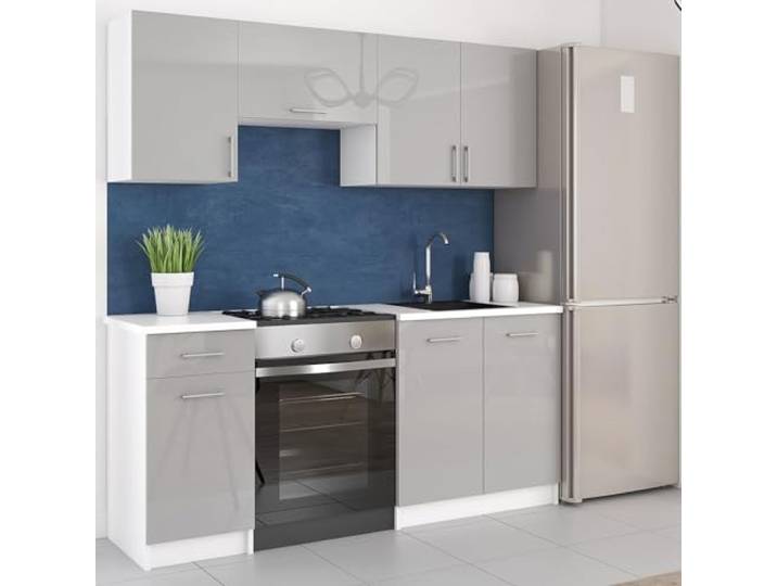 roe furniture Küchenzeile ohne Elektrogeräte - Modern Einbauküche 180 cm - Küche Komplett Leco - Küchenblock - Geräumige Singleküche - Küchenmöbel Komplett Grauer Hochglanz & Weiße Arbeitsplatte