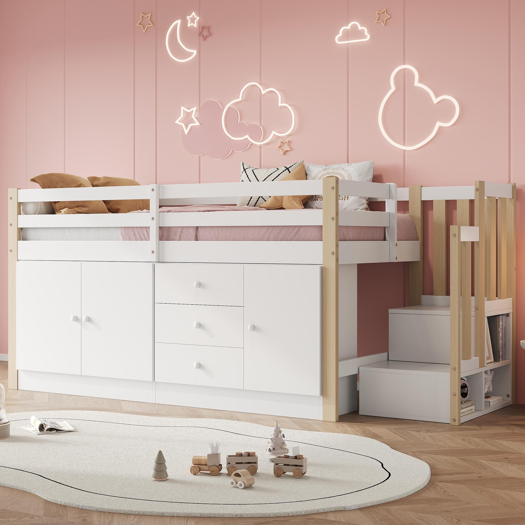 Kinderhochbett 90 x 200 cm mit Treppe, 2 Stauschränken, Schubladen und Wäschestange, inklusive Lattenrost, MDF und Massivholz, Weiß