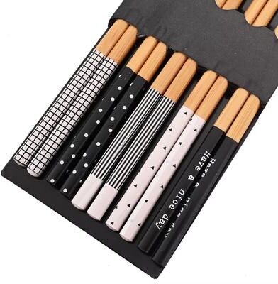 Inspired Finds 5 Pairs Reusable Bamboo Chopsticks Japanese Style Natural Wooden Sushi Chopsticks Set With Cat & Flower Designs black White