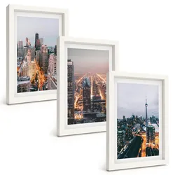 BILDER SET 3er Set - 20x30 cm Weißer Rahmen - Städte bei Nacht, Wolkenkratzer, Lichter