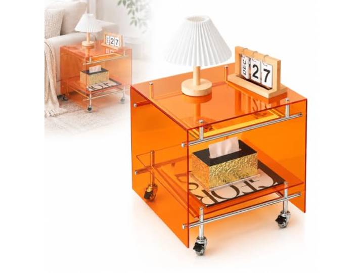 AMQYDT Acryl-beistelltisch, Zweistöckiger Rollbarer Nachttisch Mit Rollen Und Offenem Stauraum, Transparenter Hellblauer Nachttisch Für Kleine Räume, Schlafzimmer, Wohnzimmer Orange
