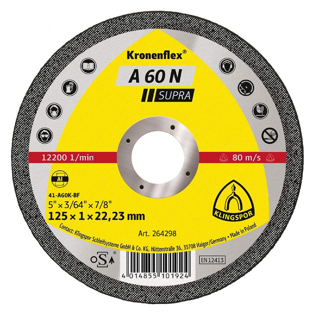 Klingspor Trennscheibe A 60 N Supra D125x1mm gerade Aluminium Bohrung 22,23 mm (264298)
