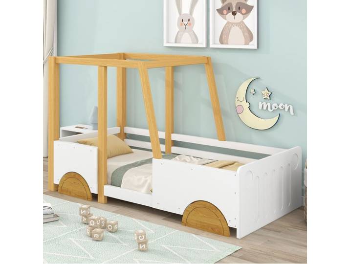 Lit enfant 90 x 200 cm forme voiture avec barrières de sécurité cadre en pin massif blanc et naturel