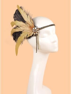Fusion Finds Vintage Gatsby Headband Rhinestone Flapper Feather Hair Accessory gold