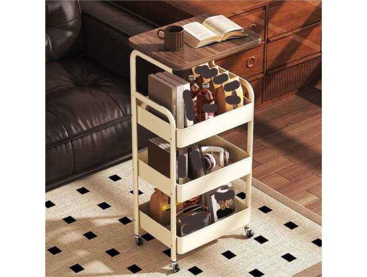 Platzsparender Fugenaufbewahrungswagen mit Rollen Snackregal, Nachttisch und Couchtisch for Küche, Badezimmer(White)