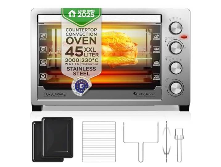 TurboTronic Elektrobacköfen mit Umluft, Grill & Drehspieß 30 L, 38 L & 45 L Edelstahl-Tischbacköfen mit Timer & Doppelglastür für Pizza, Braten, Aufläufe (45L)