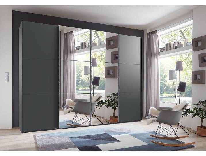 Schwebetürenschrank Level36 216 cm Typ C 300 x 216 x 65cm ohne Grau/Graphit Chrom mit Spiegeltür/-en