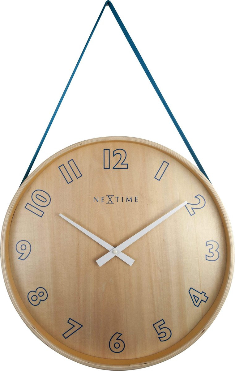 NeXtime Wandklok Loop Big Blauw Hout - Diameter: 40 cm