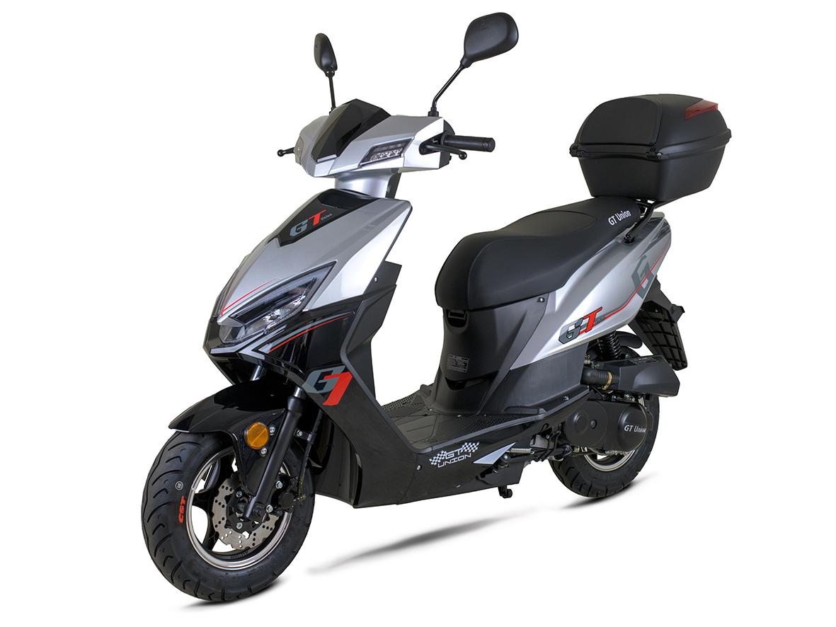 Motorroller Sonic 50 ccm 25km/h, Euro 5, silber-schwarz mit Top Case, GT Union