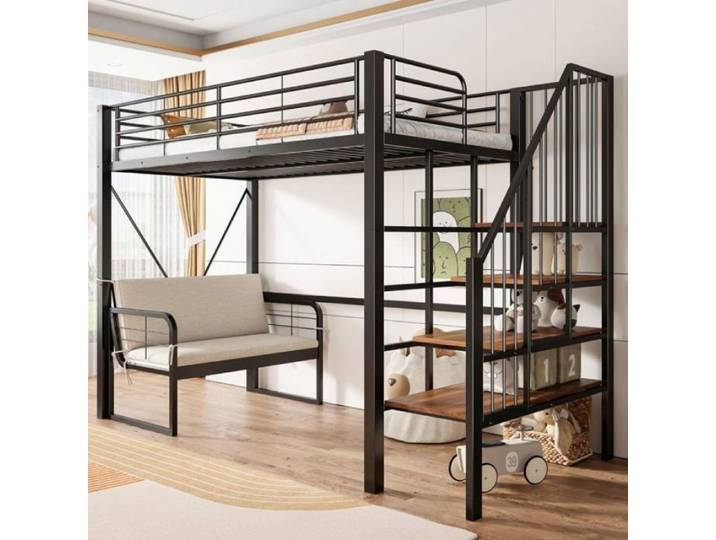 Lit mezzanine 90x200cm noir Métal+MDF canapé rembourré escalier rangement et sécurité pour enfants ados et adulte LIT MEZZANINE