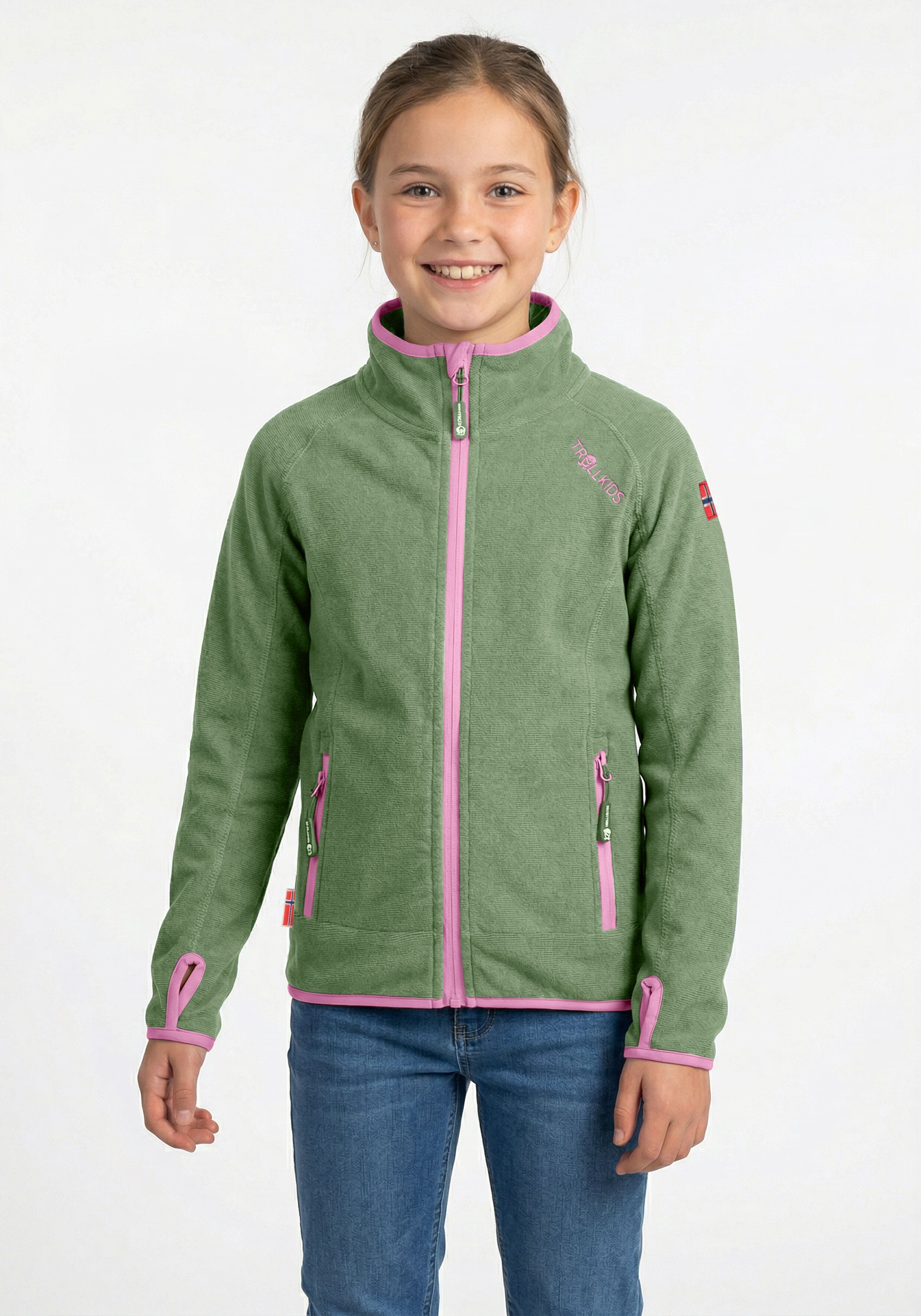 Fleecejacke TROLLKIDS "Girls Sandefjord Jacket", Kinder, Gr. 164, pistachio grün, wild rose, Fleece, Obermaterial: 100% Polyester, normal, Jacken Fleecejacke, mit Kapuze, wasserabweisend, windabweisend, atmungsaktiv, leicht pistachio grün, wild rose 164