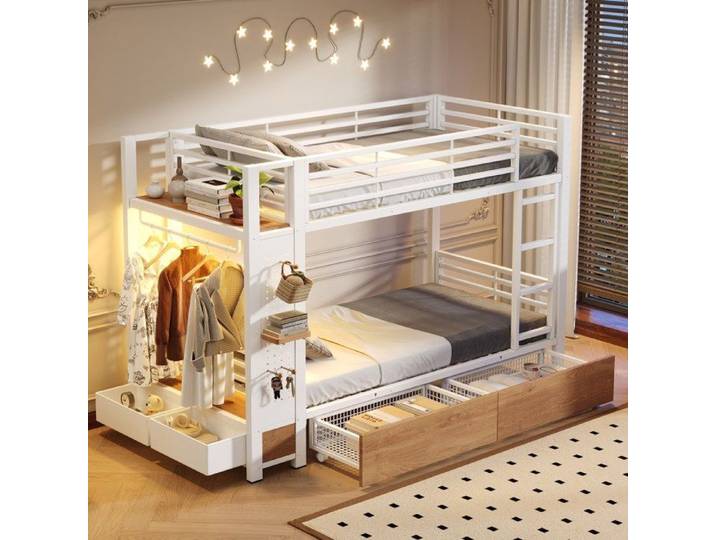 Lit superposé métal lit enfant 90x200cm avec 4 tiroirs rangements LED panneau perforé tringle à vêtements sans matelas blanc
