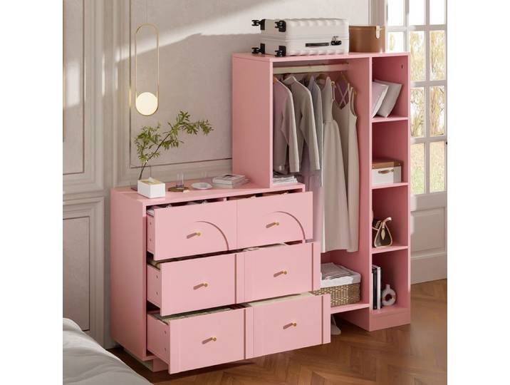 HOMVRA Armoire de Chambre 139x35x133 cm - Barre de Penderie - 6 Tiroirs - Étagères Latérales - Rose
