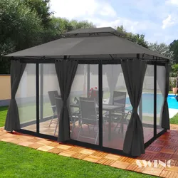 Swing&Harmonie Luxus LED - Pavillon 3x4m Minzo - inkl. Seitenwände mit LED Beleuchtung + Solarmodul Gartenpavillon mit Moskitonetz Partyzelt Gartenzelt in Anthrazit