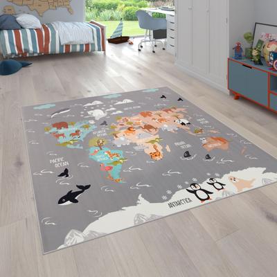Kinderteppich PACO HOME "Bino 581", grau, B:200cm H:4mm L:200cm, Polyester, Teppiche, Kinderteppich, Spielteppich, Motiv Weltkarte & Tiere, Kinderzimmer