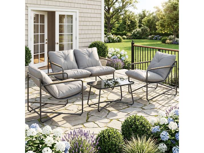 Outsunny Salon Jardin Métal Gris Clair 4 Places avec Coussins