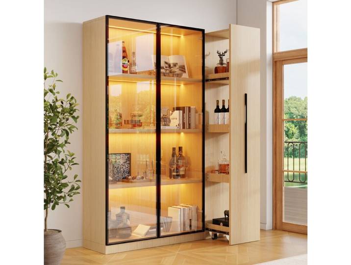 MEUBLIV Vitrine multifonction LED en MDF chêne clair 110 5 x 35 x 160 cm meuble haut avec rangement latéral