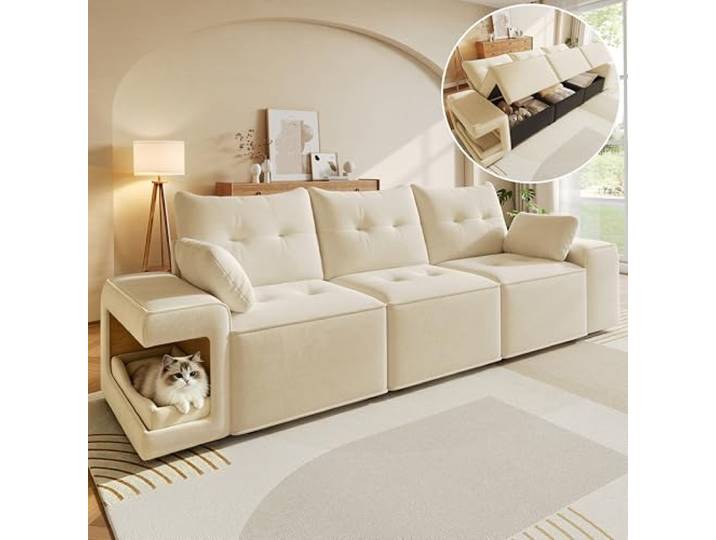 BTM Modernes Beige Couch 3 sitzer mit Breiten Armlehnen Wohnzimmer Cloud Sofa mit Stauraum, Gepolstertem Haustierbereich
