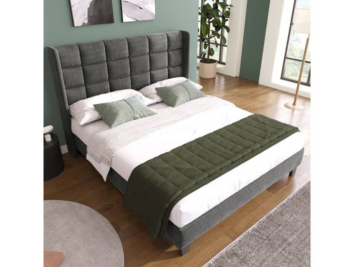 Lit double rembourré gris 140×200 cm sommier inclus tête de lit haute structure solide
