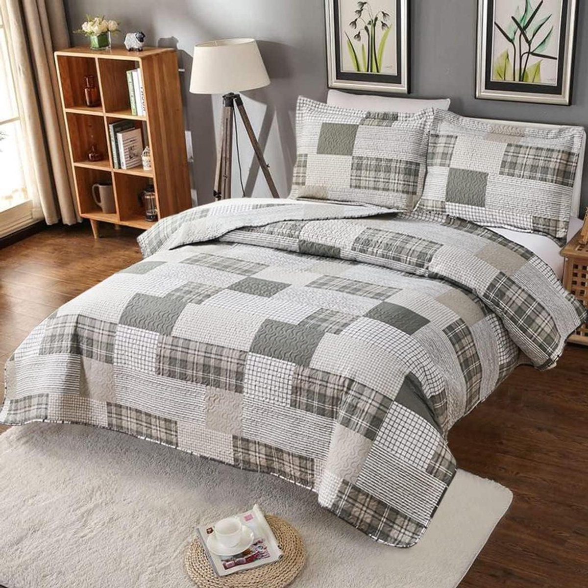 3-delig Dekbedset met Sprei en Slopen - Patchwork Design Dubbelzijdig - Kingsize - Grijs Wit