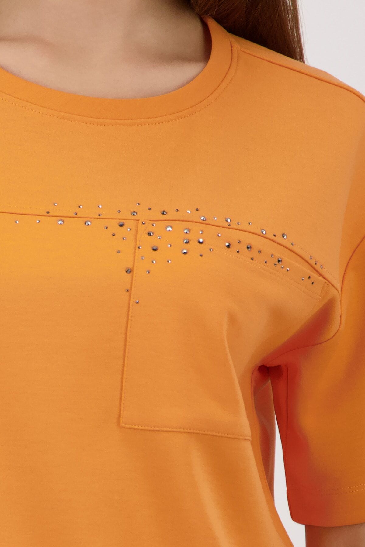Sweatshirt MONARI "Basic Tasche+Schmuck", Damen, Gr. 34, orange (aperitif), Web, Obermaterial: 55% Polyester, 38% Viskose, 7% Elasthan, unifarben, regular fit taillenbedeckt, Rundhals, eingesetzt abgesteppte Kante, Sweatshirts Sweatshirt, Regular fit mit 