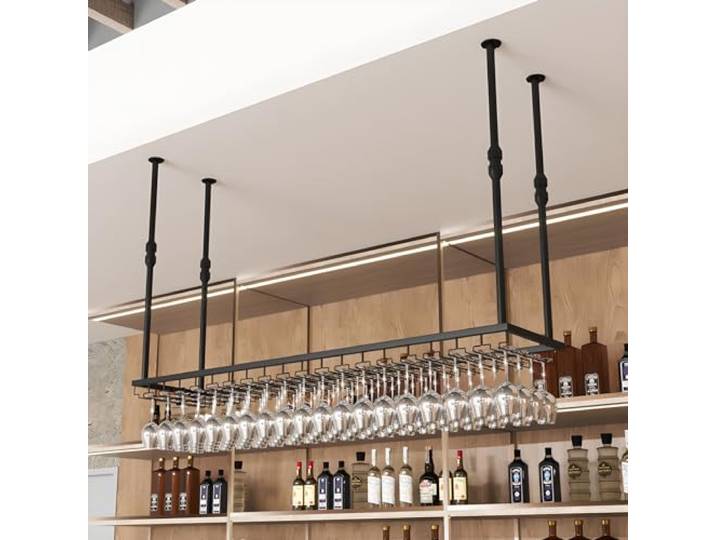 Decken Regal hängende Weinglashalter Zum Umhängen,Ceiling Decoration Wine Glass Rack, Gläserschiene Halter Unter Schrank mit Schrauben Weinglas Rack, Höhenverstellbare Dekoration Regal (Black, 120cm)