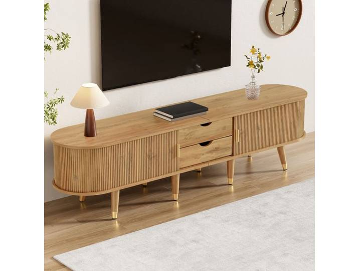 Meuble Télévision 175x38x45 cm COZHYESS Banc TV Salon Portes Coulissantes Grand Rangement Tiroirs Niches Style Campagne - Bois
