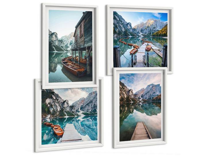 BILDER SET 4er Set - 50x50 cm & 40x60 cm Weißer Rahmen - See Berge Holzboote
