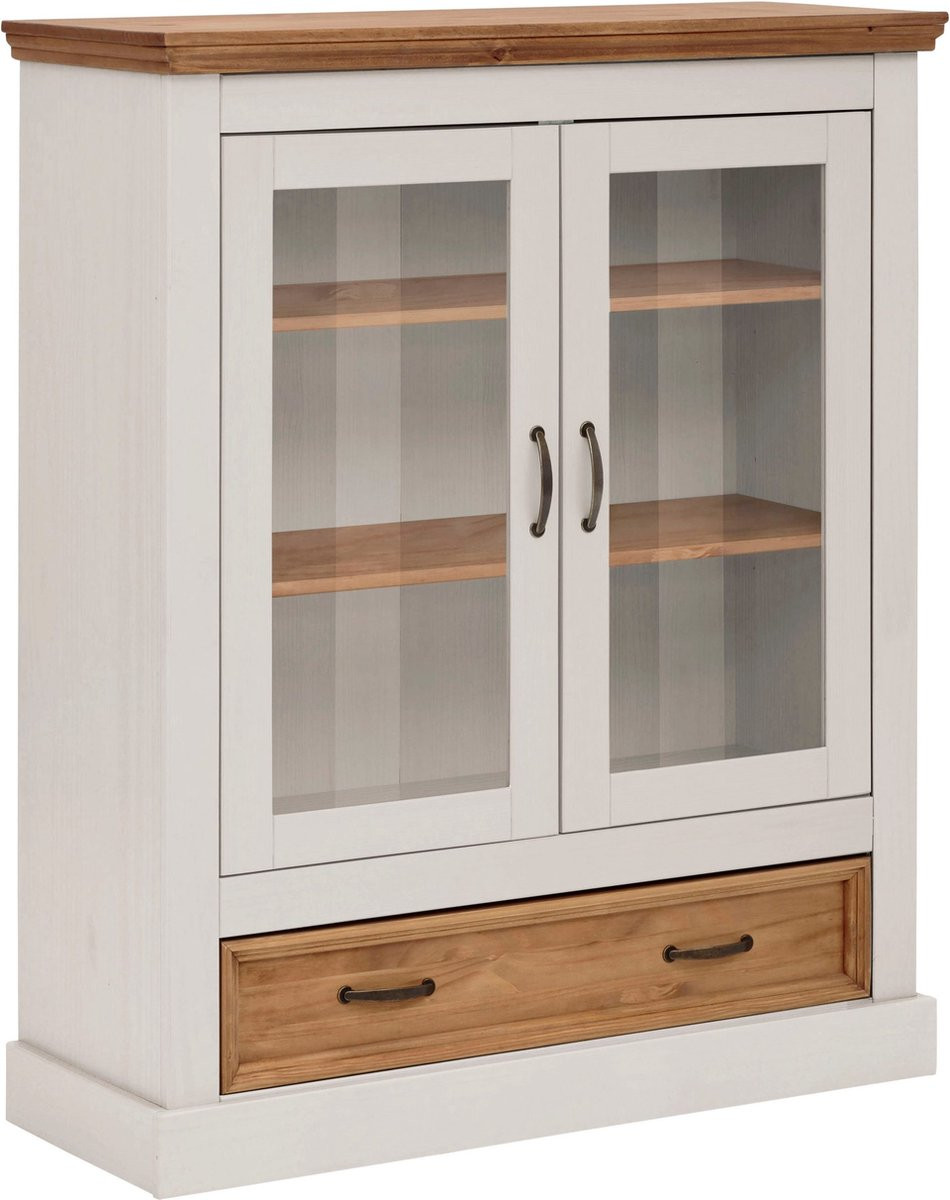 Selma Highboard Vitrinekast met 2 Glazen Deuren en Lade - Wit/Honingkleurig - Breedte: 120 cm