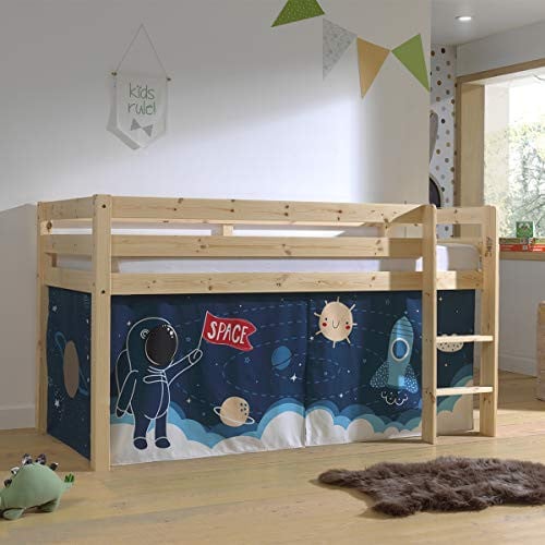 Vipack Halfhoog bed Pino van massief beukenhout met textielset Ruimteschip, 90 x 200 cm