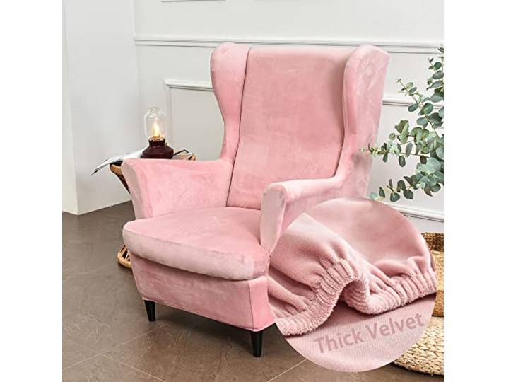 Highdi Housse de Fauteuil à Oreilles Velours Extensible 2-Pièces Couverture de Fauteuil avec Housse de Coussin en T\, Couleur Unie Mode Housse de Fauteuil Antidérapante pour Strandmon\,Chambre (Rose)