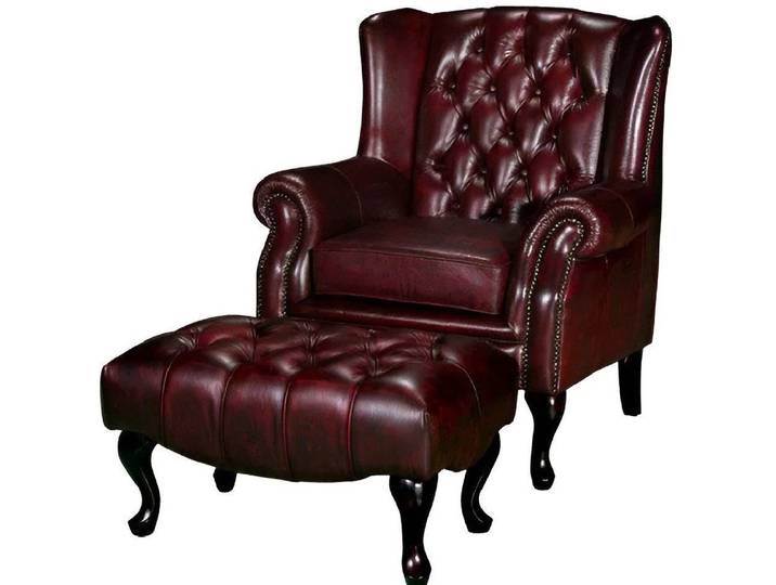 Xlmoebel Ohrensessel Chesterfield Ohrensessel mit Hocker aus Leder und Textil, elegant (CHESTERFIELD OHRENSESSEL + HOCKER), Hergestellt in Europa