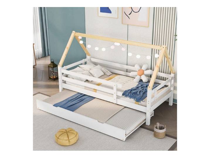 LuxusKollektion Hausbett Hausbett 200x90 Ausziehbett Weiss/Natur