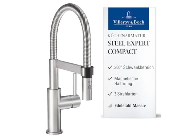 Villeroy & Boch Steel Expert Compact Küchenarmatur, Höhe 143 mm – Edelstahl Umschaltfunktion, 360° schwenkbarer Auslauf mit Spiralfeder, Laminarstrahl, Hochdruck, 927300LC
