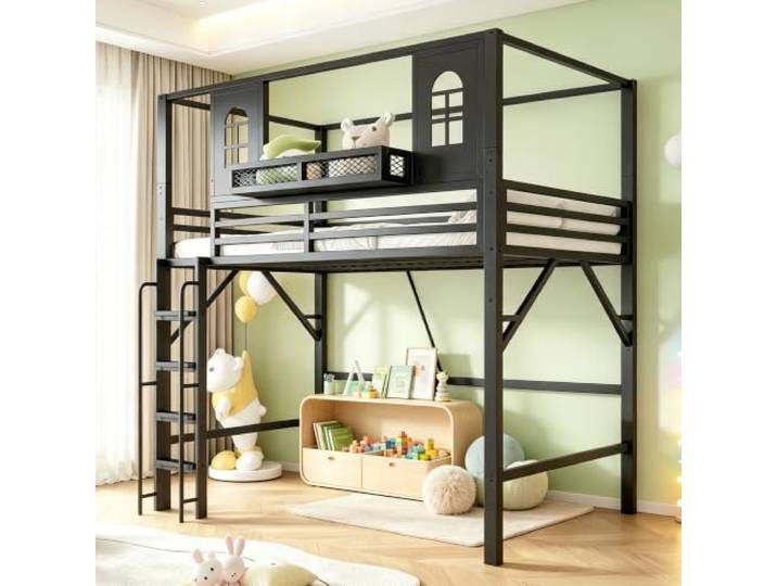 Merax Kinder-Hochbett 90x200 cm, schwarz, mit Dachdesign, Spielbereich mit Fenster, Sicherheitsleiter, Ablagefach und robustem Metallgestell für Kinder- und Jugendzimmer (Ohne Matratze)