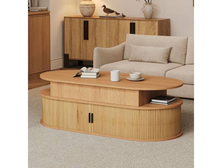 COVREO Table basse ovale 100 x 50 cm plateau relevable jusqu'à 55 cm rangements MDF aspect bois
