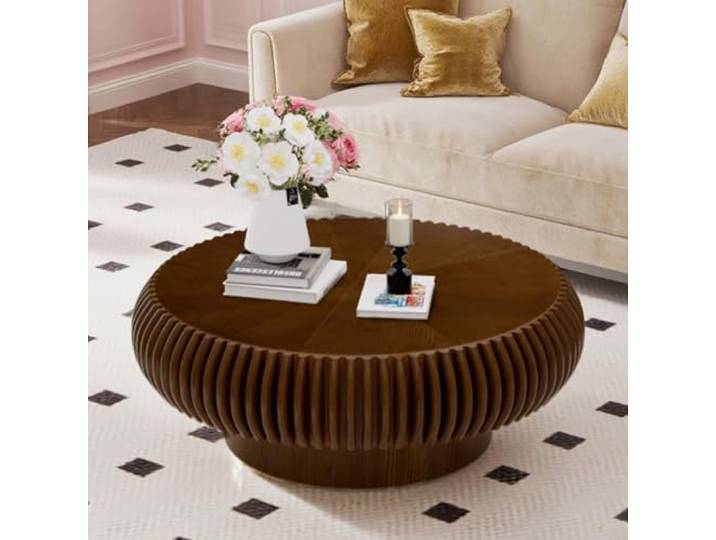WUPDPQS Runder Couchtisch, Walnuss, 80cm Für Wohnzimmer, Holz Geriffelter, Trommelform, Mid-Century-Stil, Niedriger Kaffetisch, Für Kleine Räume