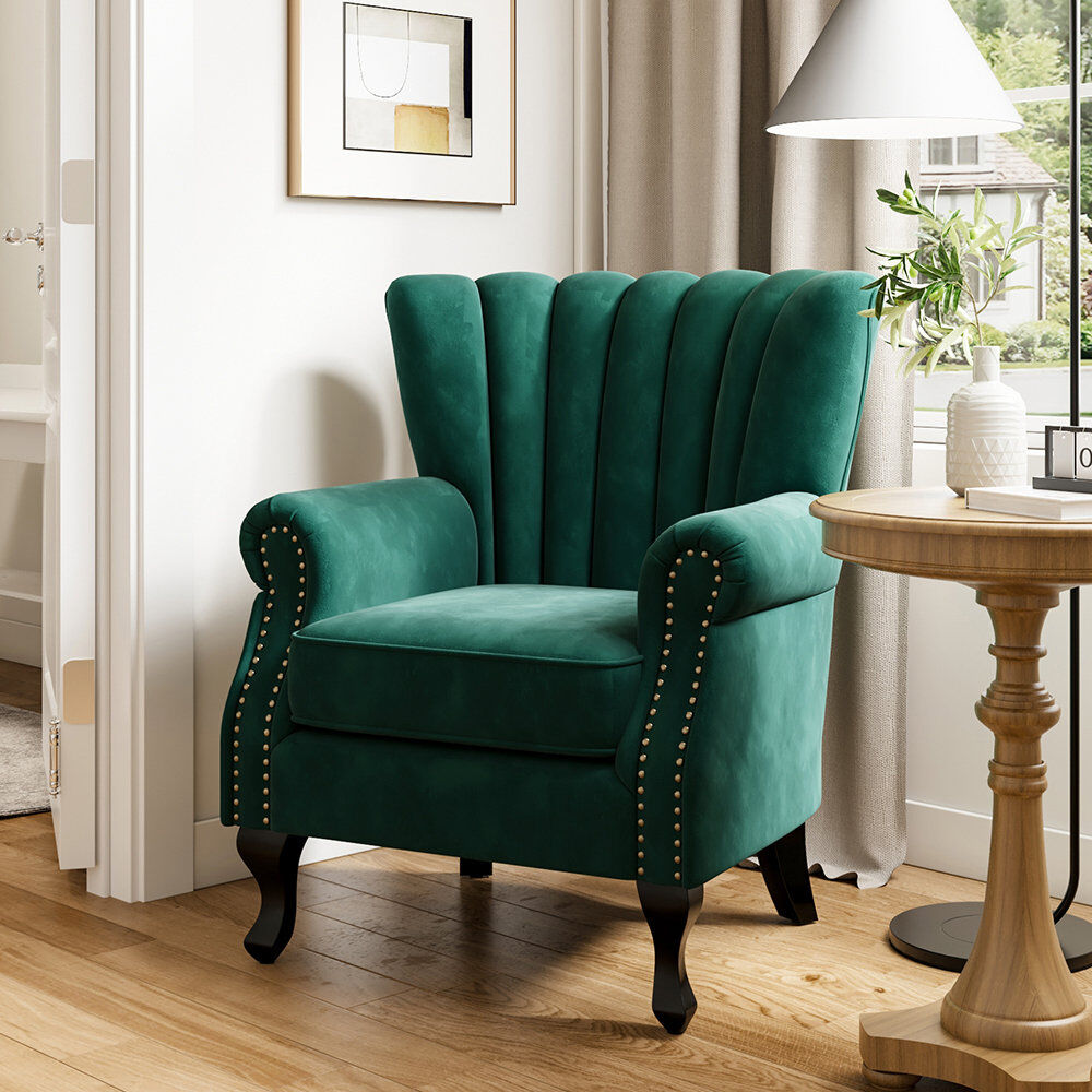 Rosdorf Park Tamworth 73Cm Wide Velvet Channel Occasional Armchair Wingback Chair Green Velvet 89cm H X 78cm W X 77cm D