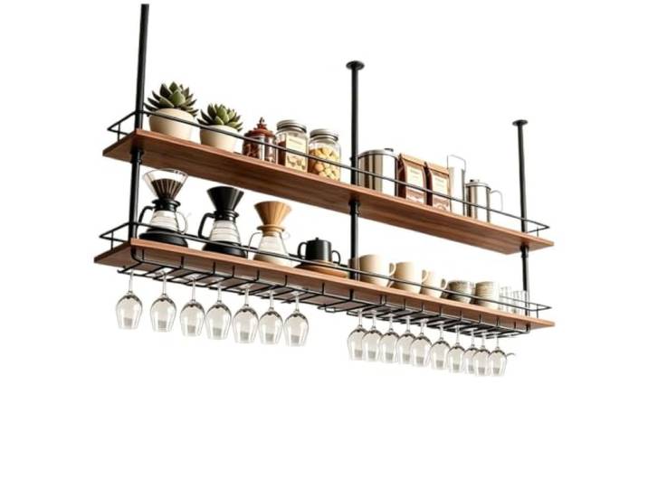 Schwebendes Holzregal für Küchenbar, Aufbewahrungshalter, 80–150 cm Deckenhaning-Pflanzenregale, Gewürzregal mit Glashalter, industrieller Weinflaschenhalter(80x30x80cm)