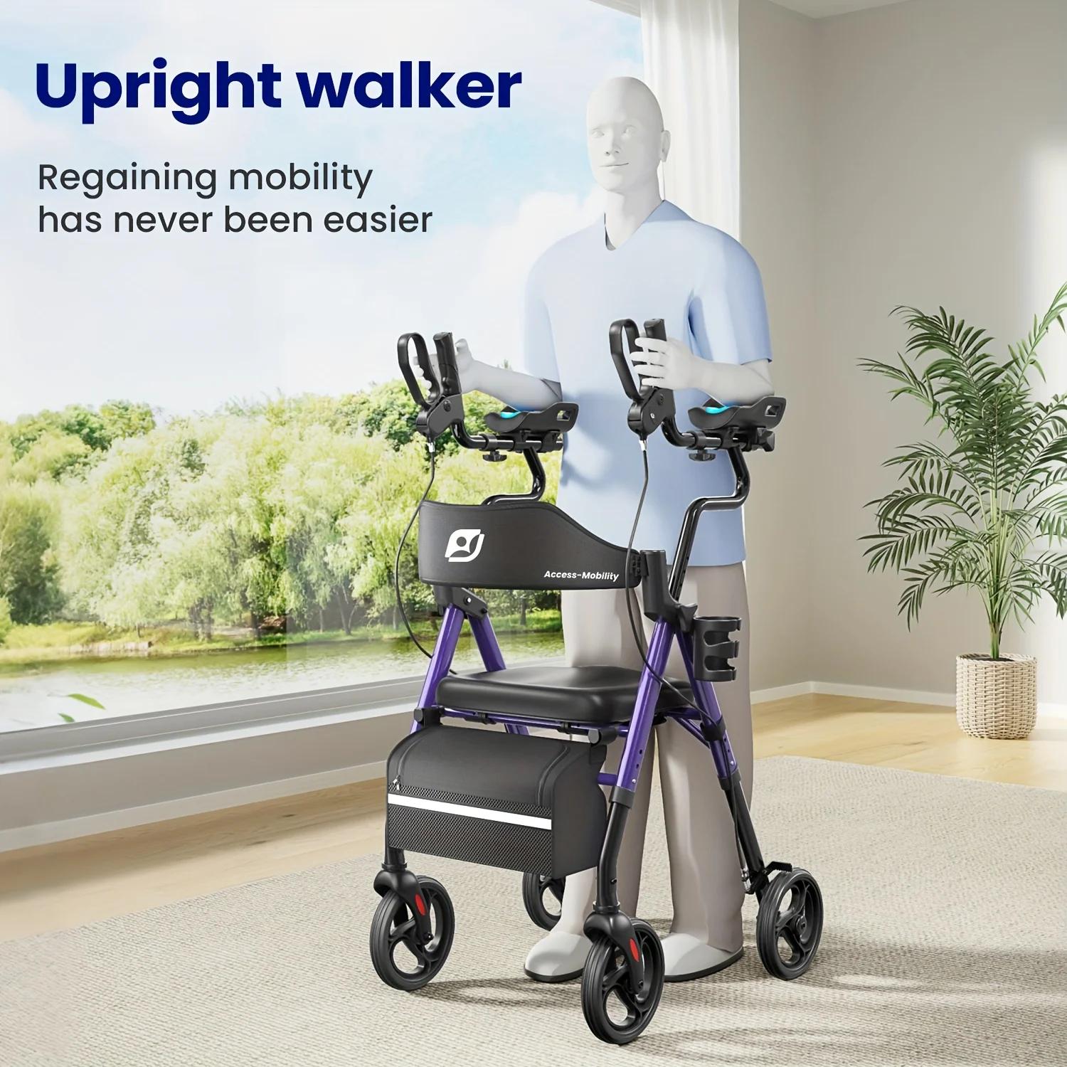 Aufrechter Rollator - Gehwagen für Senioren - Faltbar - Gepolsterter Sitz - Rückenlehne - Lila