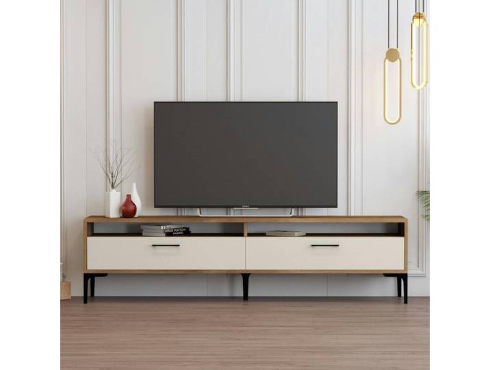 Meuble TV moderne décor bois foncé et portes crème JENA