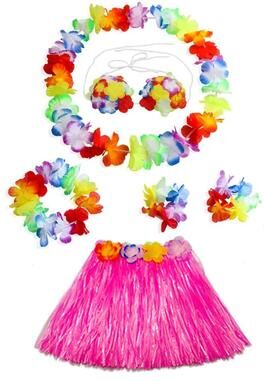 Uplift Picks Colorful Kids Hawaiian Luau Costume Set With Grass Skirt Party Accessories pink (6 Pcs)