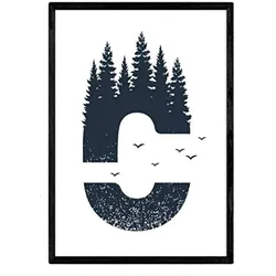 POSTER Buchstabe C Natur Wald Vögel A4 Schwarzer Rahmen