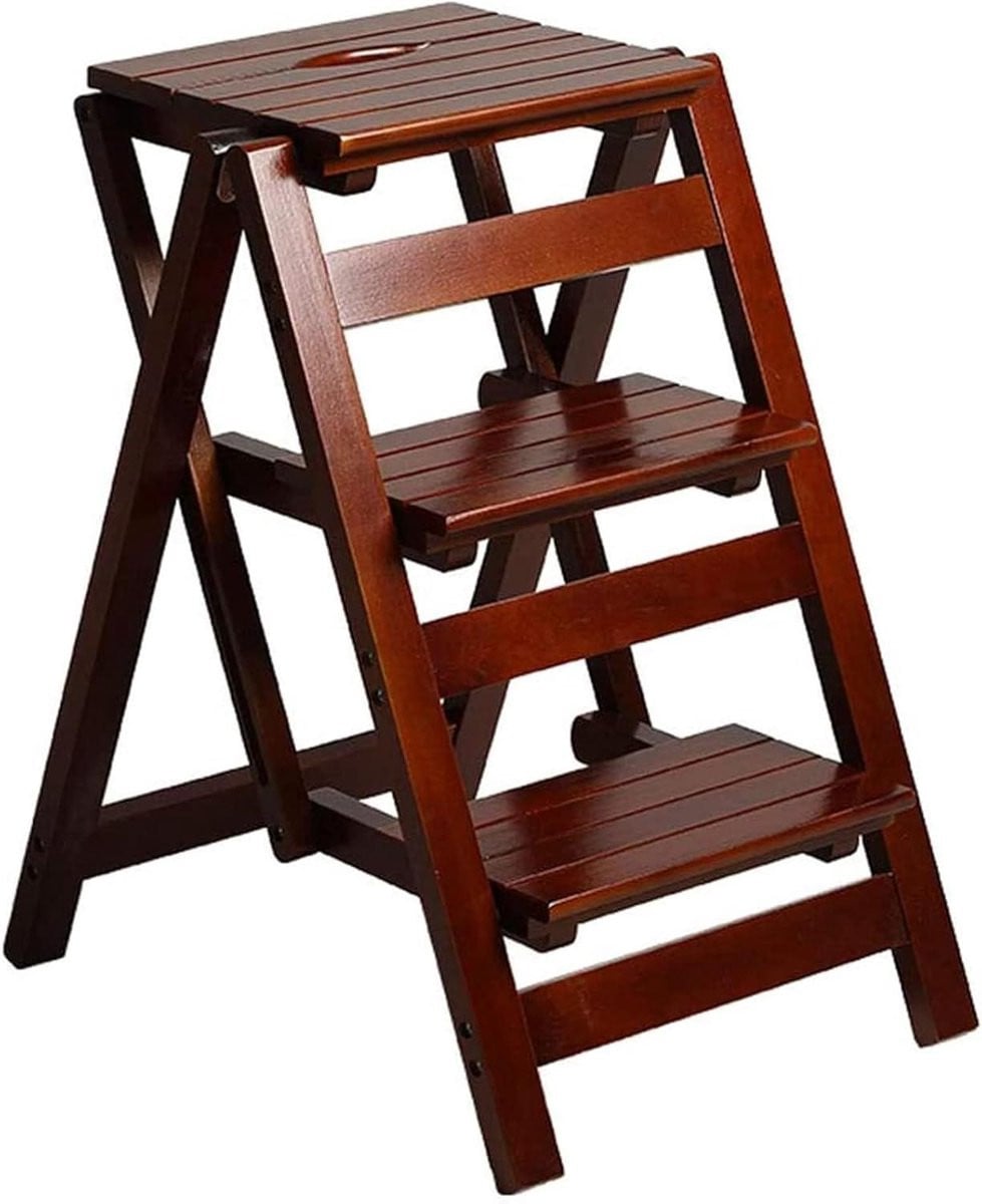 Houten Ladder Stoel - Bruin - Opvouwbare 2-staps Trap Kruk