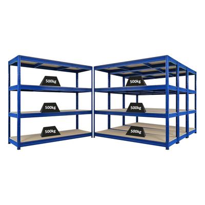 Proregal Mega Deal | 4x Schwerlastregal DINO | HxBxT 180x200x60cm | 4 Spanplatten-Ebenen 16mm | Fachlast 500kg | Blau
