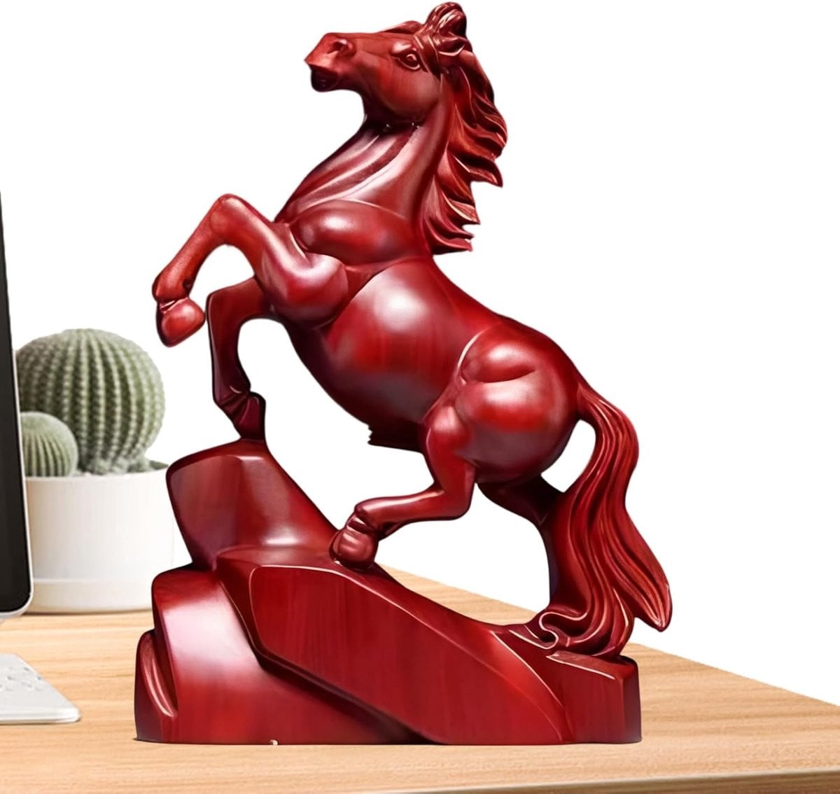 Handgesneden houten paardenbeeld ornament in roodbruin - Hoogte: 15,91 cm