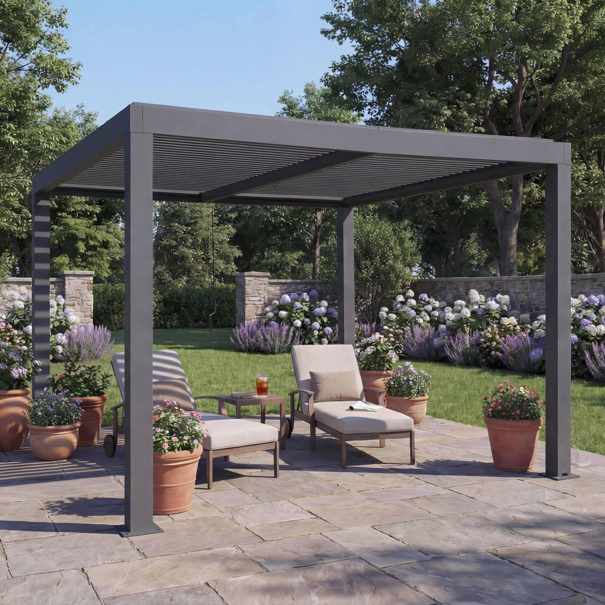 Pergola HWC-L46, Gartenpavillon Lamellen-Pavillon, 11cm-Aluminium-Gestell, Regenrinne sturmfest, 3x3m anthrazit