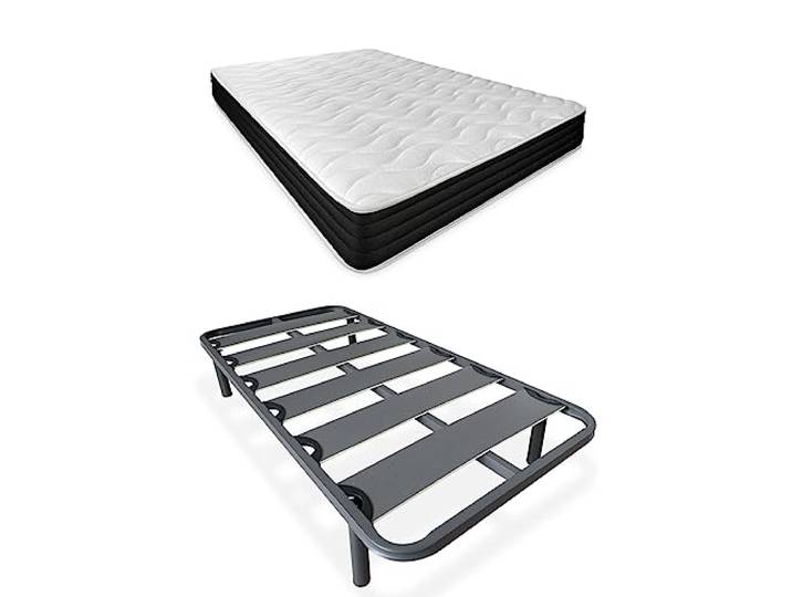 DUÉRMETE ONLINE Komplettes Bett mit wendbarer Visko-Matratze (Winter/Sommer) + verstärktem Lattenrost 40 x 30 mm mit Metallbeinen, legierter Stahl, Grau, 105 x 190 cm