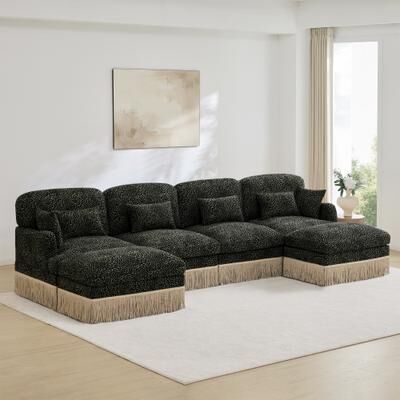 "GDFStudio - 131"" Leopard Print Chenille U-Shaped 4-Seater Modular Sofa with Tassel Edge & 2 Movable Ottomans"