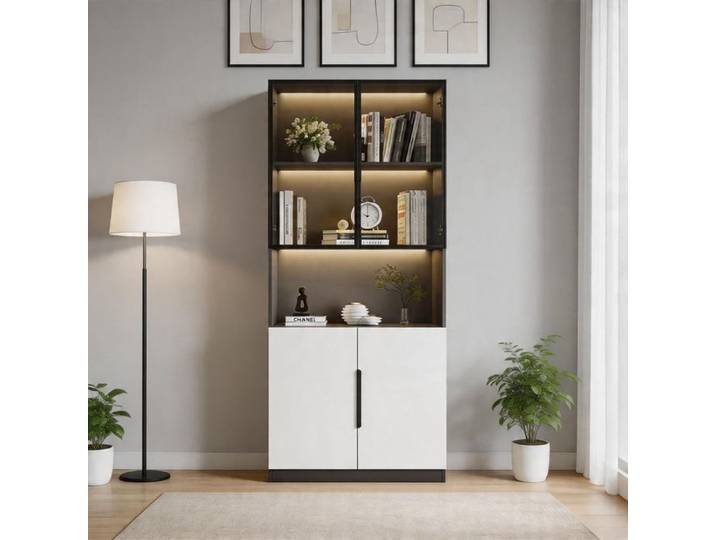 Vitrine - PAGE LIVING - 80x30x200 cm - Portes vitrées - Éclairage LED (application) - Étagère réglable 30 kg